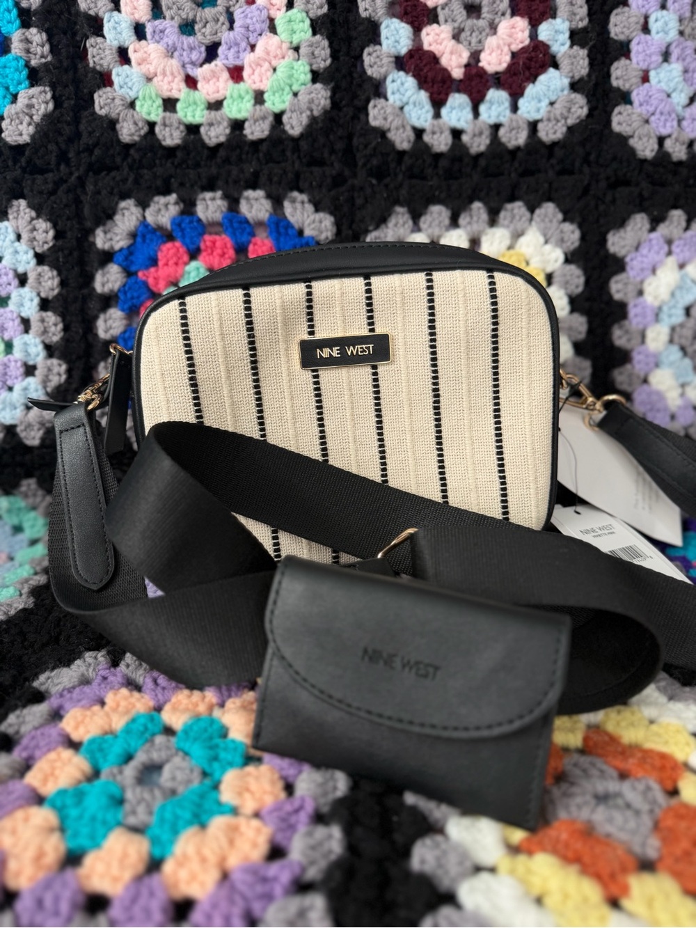 Nine West Black and Cream Striped Crossbody with Matching Card Case